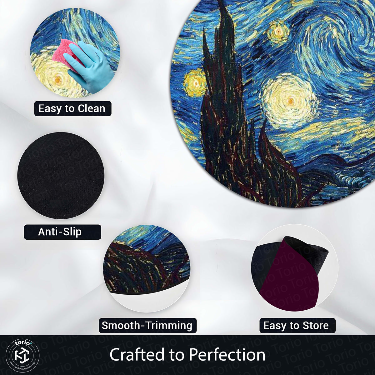 The Starry Night Round Flat Rug | Vincent van Gogh Inspired Circle Floor Mat | Anti-Slip 3 mm Absorbent Flat Rug for Bedroom, Living Room & Art Decor