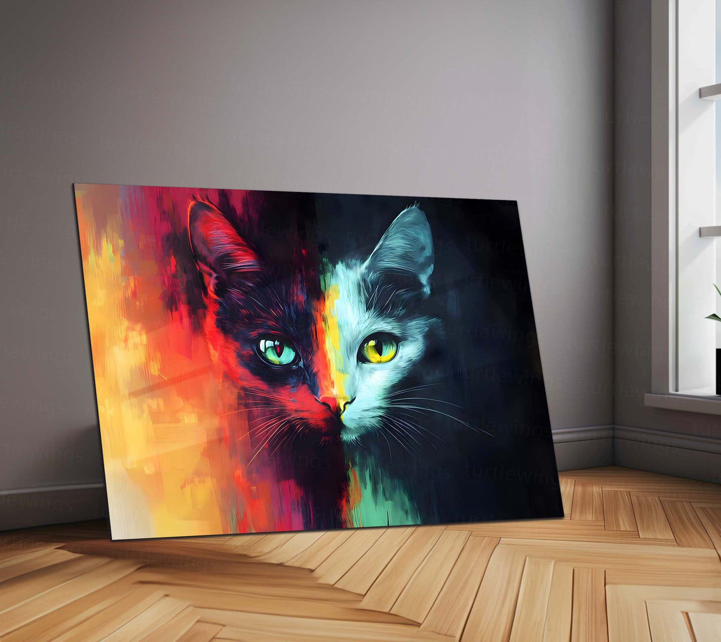 The Two-Faced Feline Metal Poster | Abstract Cat Wall Art | Vibrant Animal Poster