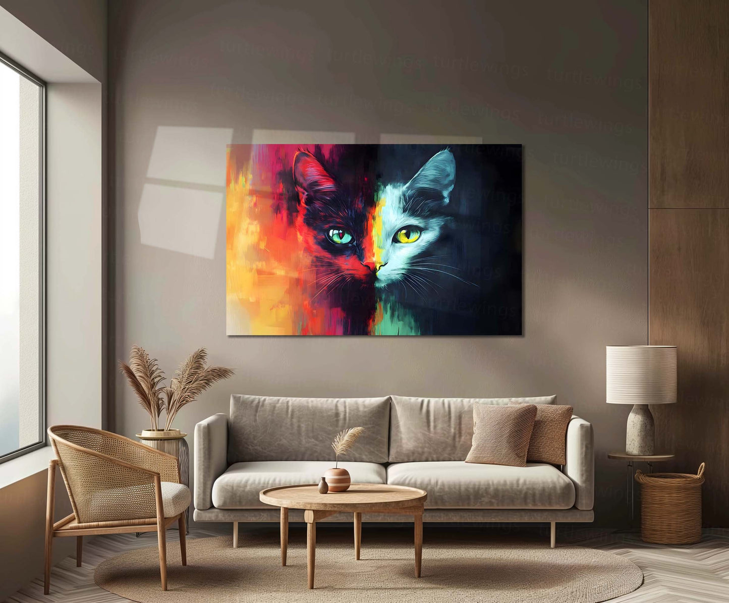 The Two-Faced Feline Metal Poster | Abstract Cat Wall Art | Vibrant Animal Poster