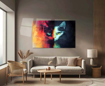 The Two-Faced Feline Metal Poster | Abstract Cat Wall Art | Vibrant Animal Poster