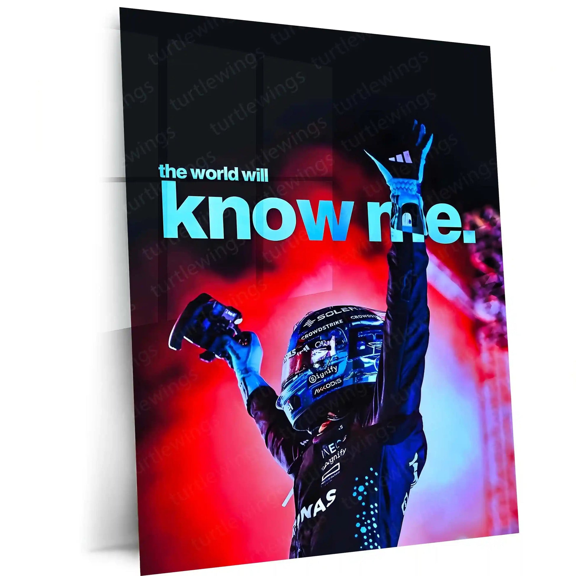 Quote Metal Poster | George Russell – The World Will Know Me Metal Frame Breakthrough Mentality & Future Champion Quote Wall Art | Formula 1 Aspiration Metal Poster - TURTLEWINGS