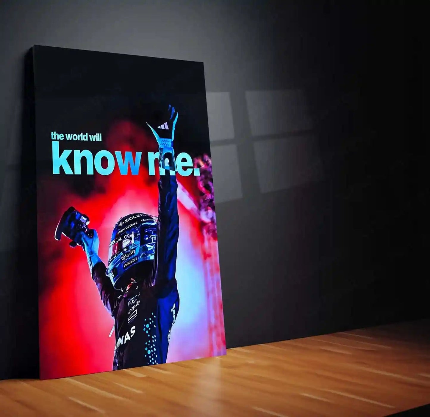 Quote Metal Poster | George Russell – The World Will Know Me Metal Frame Breakthrough Mentality & Future Champion Quote Wall Art | Formula 1 Aspiration Metal Poster - TURTLEWINGS