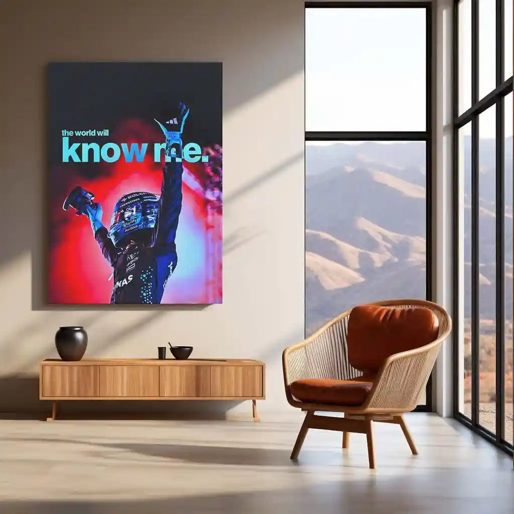 Quote Metal Poster | George Russell – The World Will Know Me Metal Frame Breakthrough Mentality & Future Champion Quote Wall Art | Formula 1 Aspiration Metal Poster - TURTLEWINGS