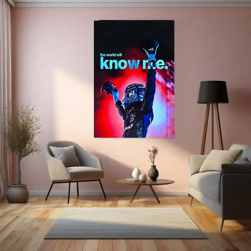 Quote Metal Poster | George Russell – The World Will Know Me Metal Frame Breakthrough Mentality & Future Champion Quote Wall Art | Formula 1 Aspiration Metal Poster - TURTLEWINGS