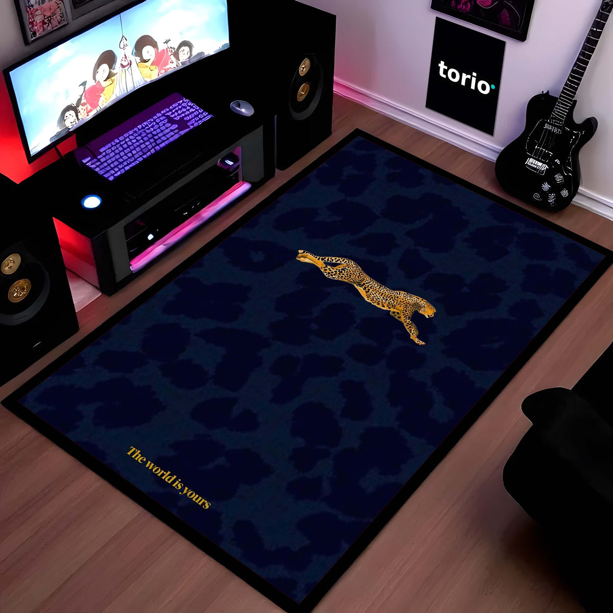 Luxury Leopard Area Flat Rug | Minimal Animal Design Floor Mat | Aesthetic Blue Flat Rug for Bedroom, Living Room & Modern Home Decor