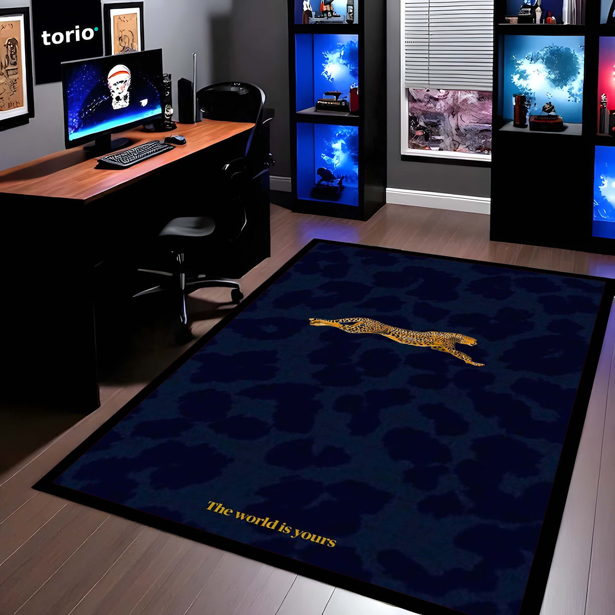 Luxury Leopard Area Flat Rug | Minimal Animal Design Floor Mat | Aesthetic Blue Flat Rug for Bedroom, Living Room & Modern Home Decor