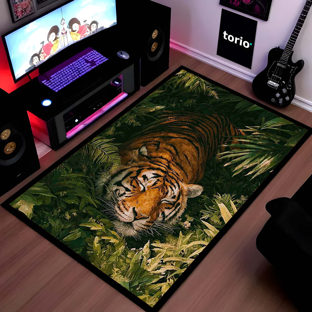 Sleeping Tiger Jungle Area Flat Rug | Wildlife Animal Floor Mat | Nature Theme Flat Rug for Bedroom, Living Room & Gaming Room Decor