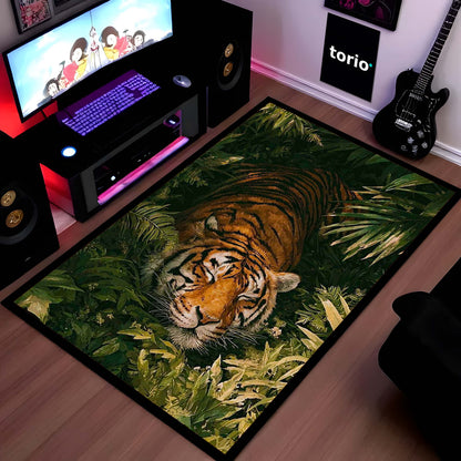 Sleeping Tiger Jungle Area Flat Rug | Wildlife Animal Floor Mat | Nature Theme Flat Rug for Bedroom, Living Room & Gaming Room Decor
