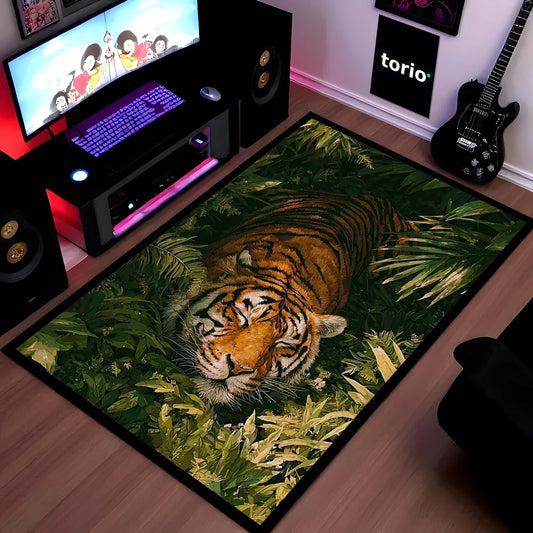 Sleeping Tiger Jungle Area Flat Rug | Wildlife Animal Floor Mat | Nature Theme Flat Rug for Bedroom, Living Room & Gaming Room Decor