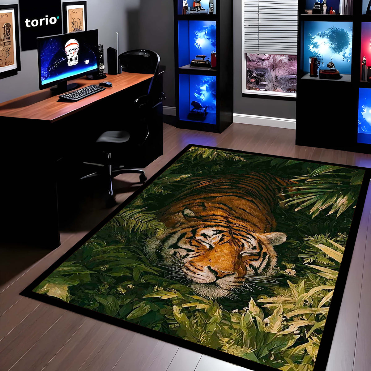 Sleeping Tiger Jungle Area Flat Rug | Wildlife Animal Floor Mat | Nature Theme Flat Rug for Bedroom, Living Room & Gaming Room Decor