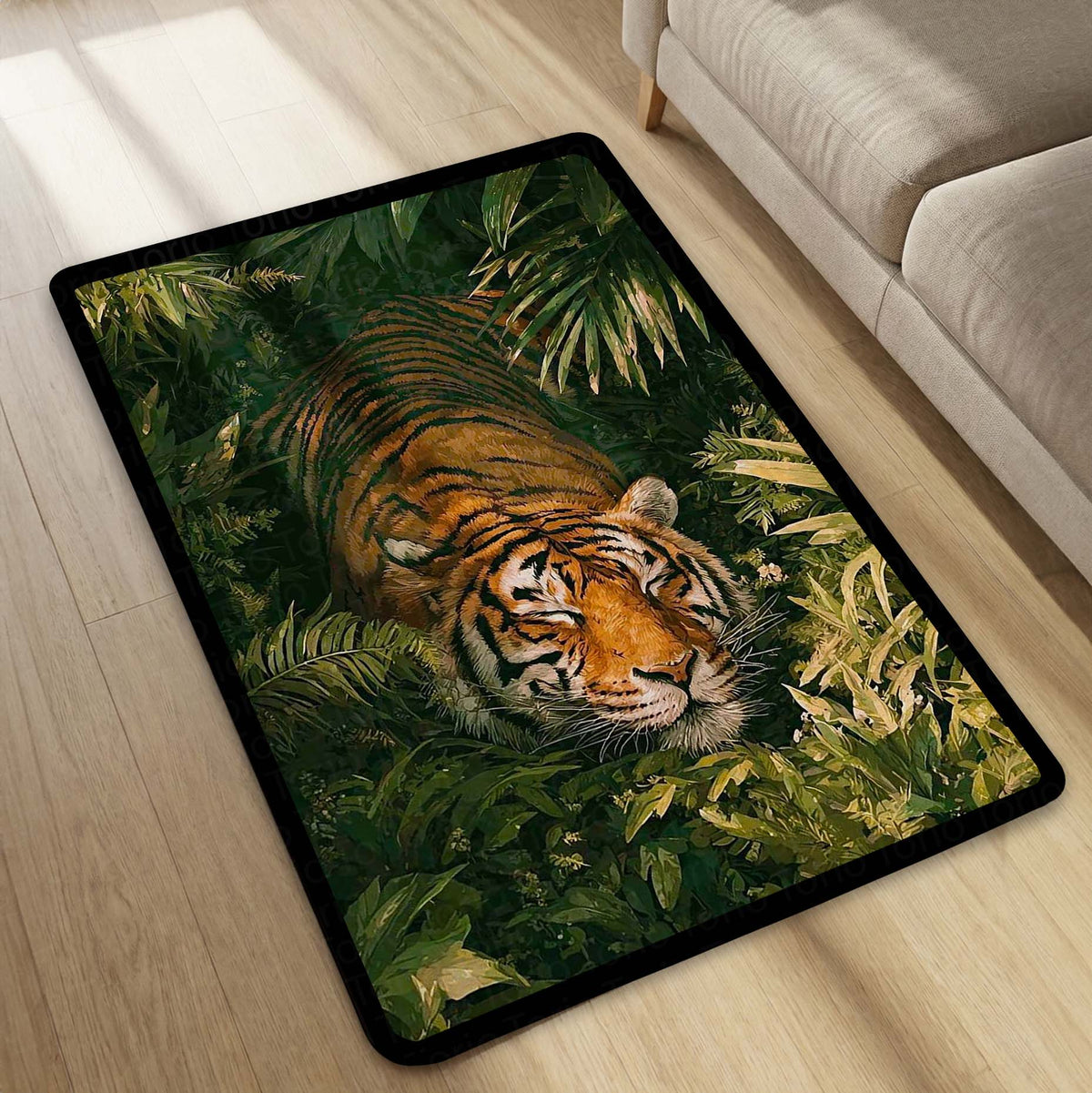 Sleeping Tiger Jungle Area Flat Rug | Wildlife Animal Floor Mat | Nature Theme Flat Rug for Bedroom, Living Room & Gaming Room Decor