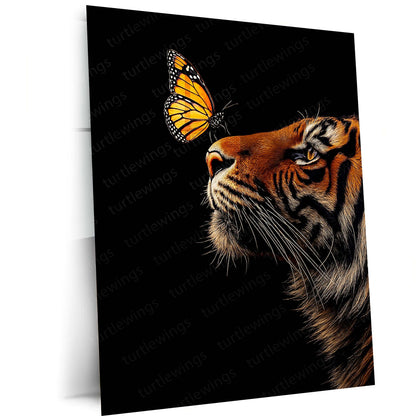 Tiger & Butterfly Metal Poster | Strength Meets Grace Wildlife Wall Art  Majestic Tiger Animal Artwork Metal Frame