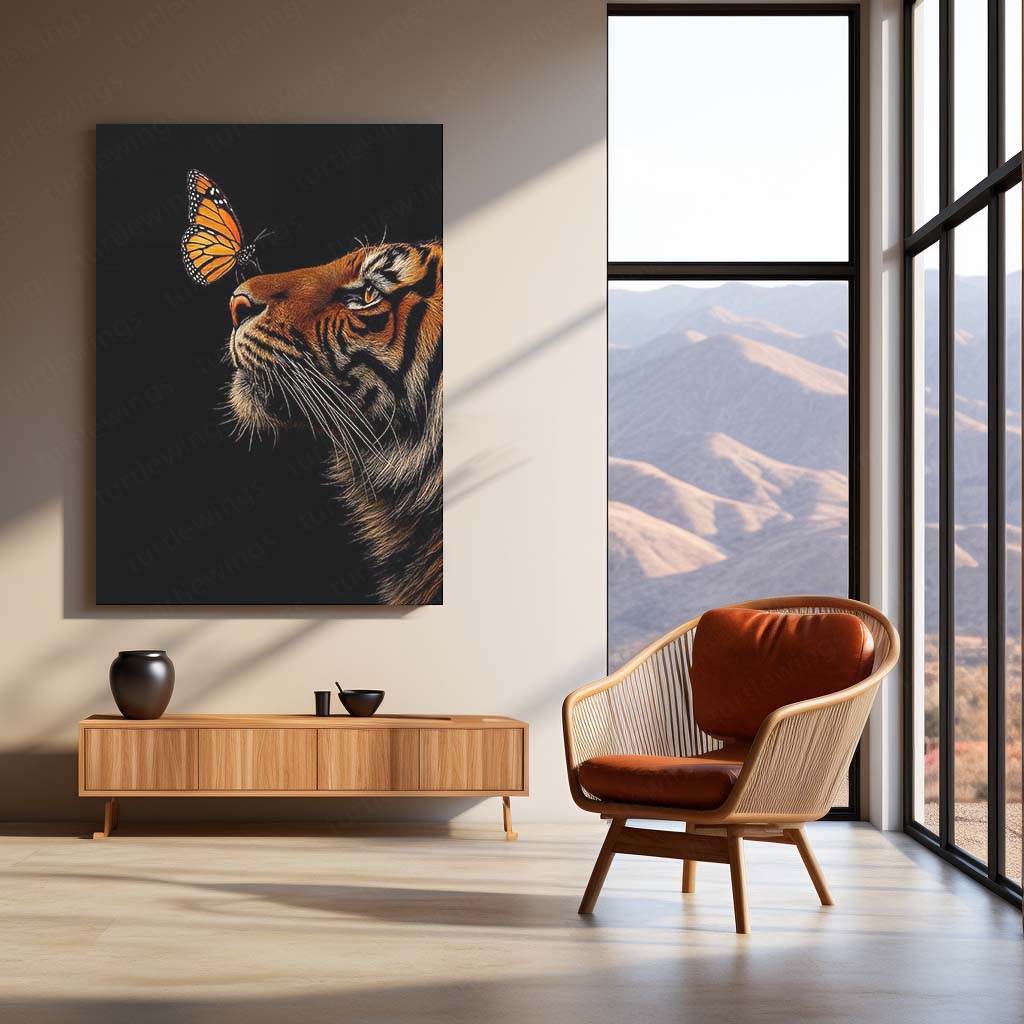 Tiger & Butterfly Metal Poster | Strength Meets Grace Wildlife Wall Art  Majestic Tiger Animal Artwork Metal Frame