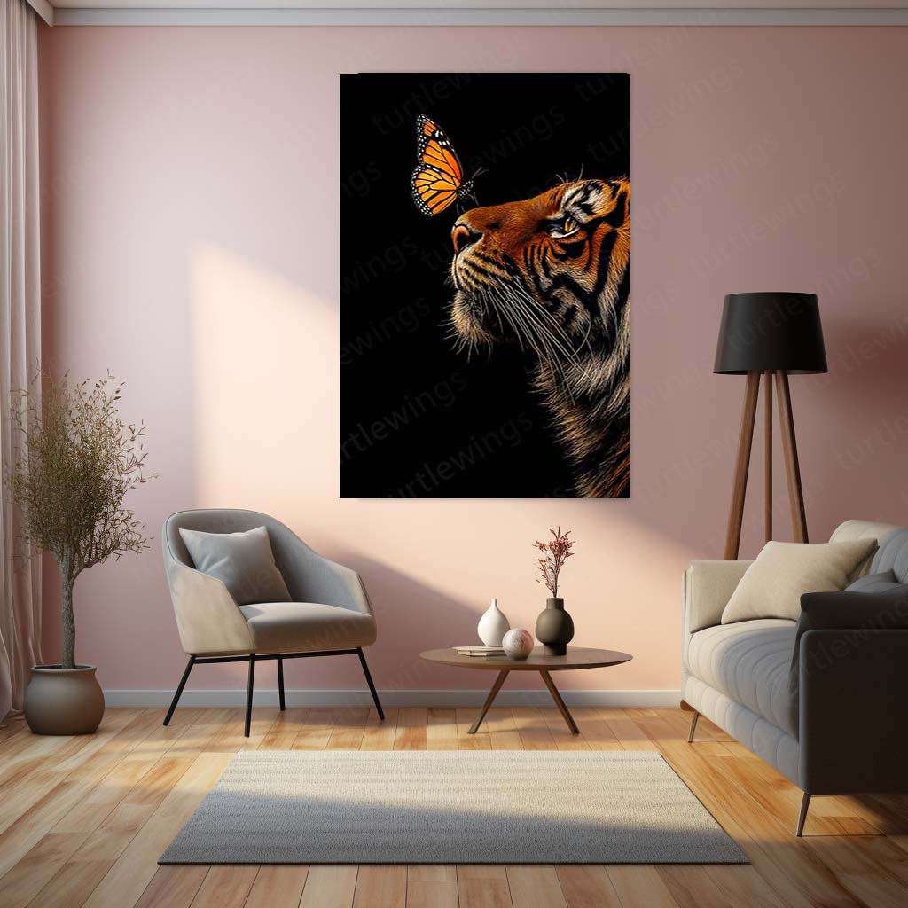 Tiger & Butterfly Metal Poster | Strength Meets Grace Wildlife Wall Art  Majestic Tiger Animal Artwork Metal Frame