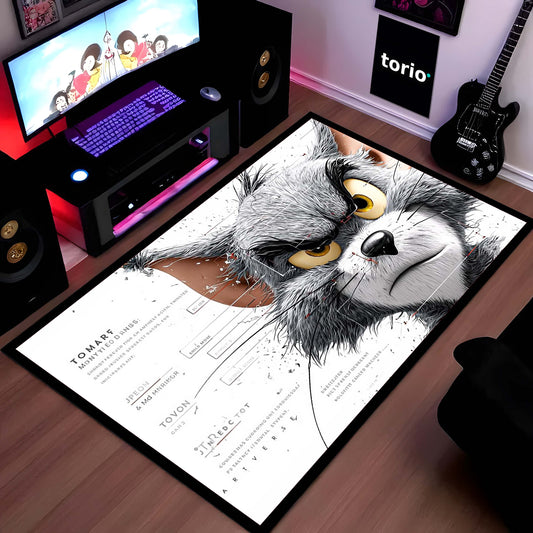 Tom Cat Angry Face Area Flat Rug | Cartoon Character Floor Mat | Funny Meme Style Flat Rug for Bedroom, Gaming Room & Kids Room Decor