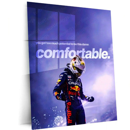 Quote Metal Poster | Max Verstappen – Too Much Potential Metal Frame Uncomfortable Growth & Champion Mentality Wall Art | High-Pressure Success Quote Metal Poster - TURTLEWINGS
