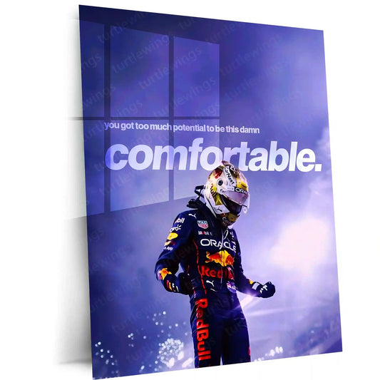 Quote Metal Poster | Max Verstappen – Too Much Potential Metal Frame Uncomfortable Growth & Champion Mentality Wall Art | High-Pressure Success Quote Metal Poster - TURTLEWINGS