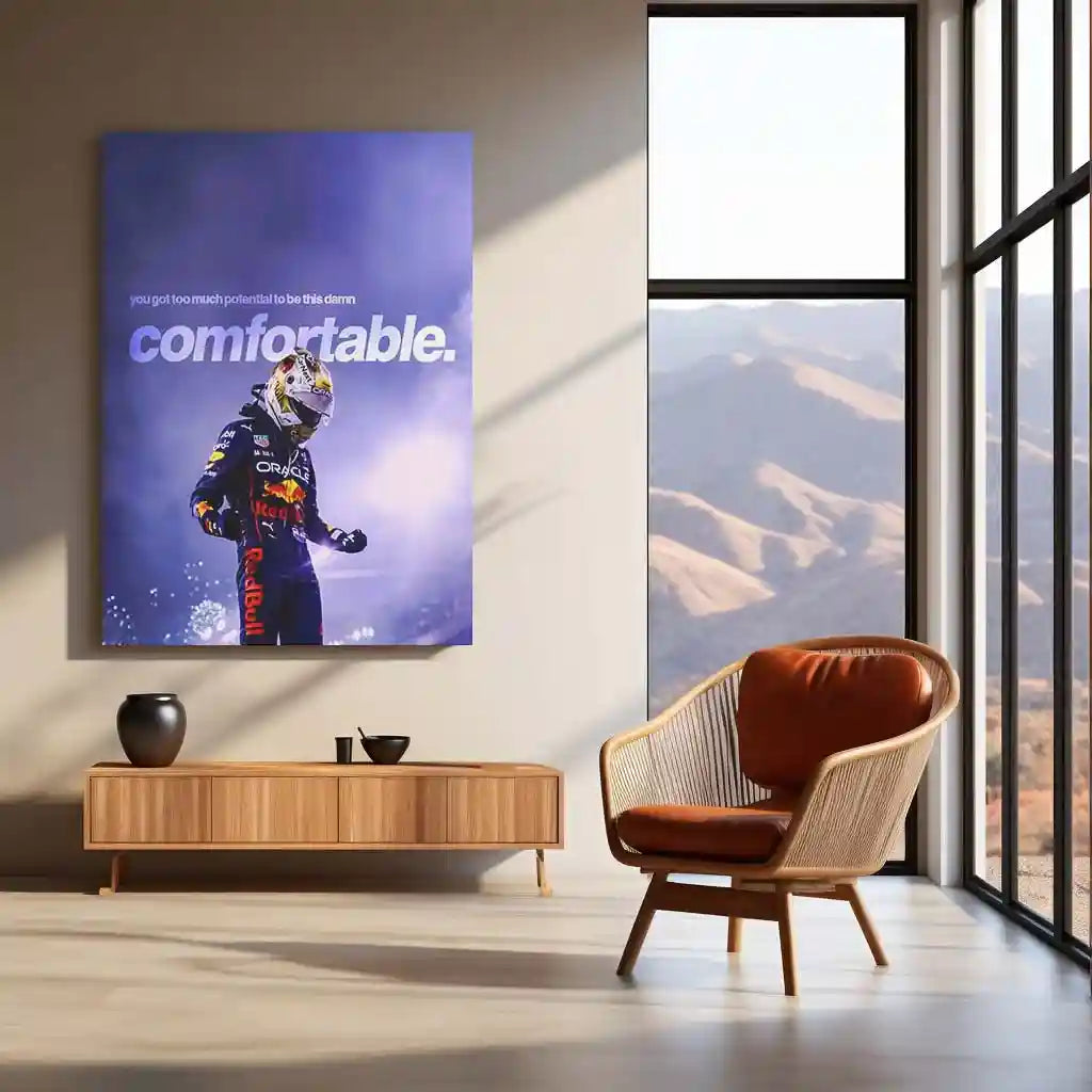 Quote Metal Poster | Max Verstappen – Too Much Potential Metal Frame Uncomfortable Growth & Champion Mentality Wall Art | High-Pressure Success Quote Metal Poster - TURTLEWINGS