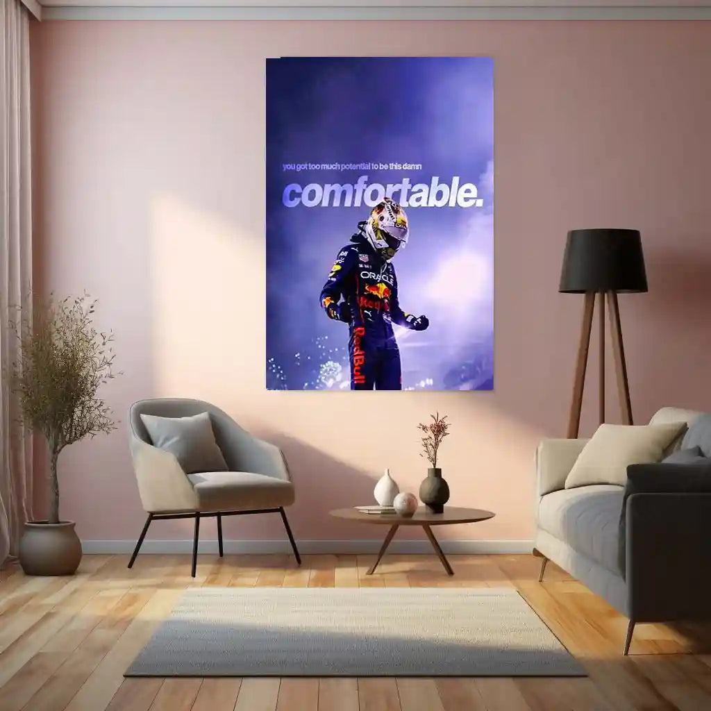 Quote Metal Poster | Max Verstappen – Too Much Potential Metal Frame Uncomfortable Growth & Champion Mentality Wall Art | High-Pressure Success Quote Metal Poster - TURTLEWINGS