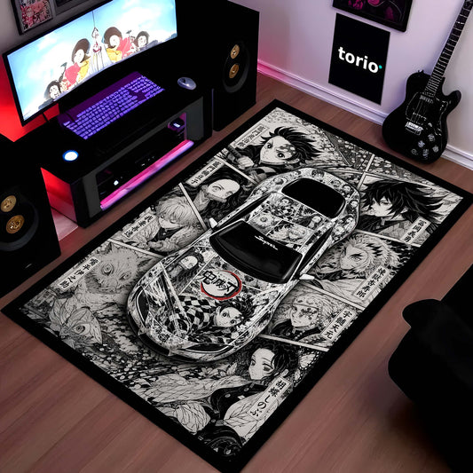 Demon Slayer Toyota GR Supra Anime Area Flat Rug | Tanjiro & Hashira Floor Mat | Demon Slayer Gaming Flat Rug for Bedroom, Gaming Room, Anime Setup & Otaku Decor