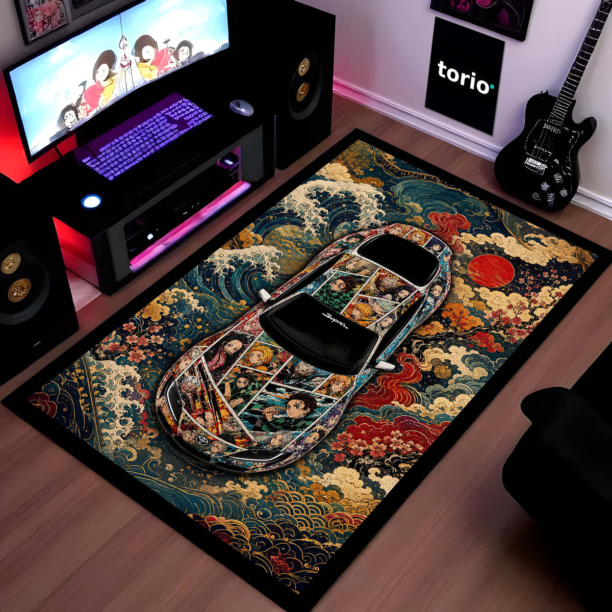 Naruto Shippuden Toyota GR Supra Anime Area Flat Rug | Naruto & Sasuke Floor Mat | Naruto Gaming Flat Rug for Bedroom, Gaming Room, Anime Setup & Otaku Decor