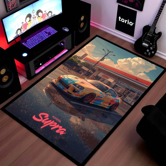 Toyota Supra MK4 JDM Area Flat Rug | Street Racing Sports Car Floor Mat | Retro Gas Station Automotive Gaming Flat Rug for Bedroom, Garage & Car Enthusiasts