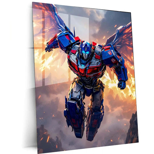 Transformers Rise of Cybertron Poster – Optimus Prime Flying Battle Art | Epic Mecha Metal Frame - TURTLEWINGS