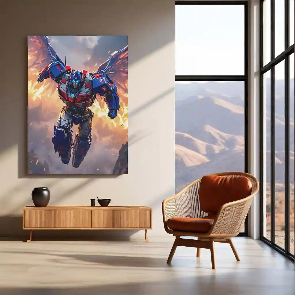 Transformers Rise of Cybertron Poster – Optimus Prime Flying Battle Art | Epic Mecha Metal Frame - TURTLEWINGS