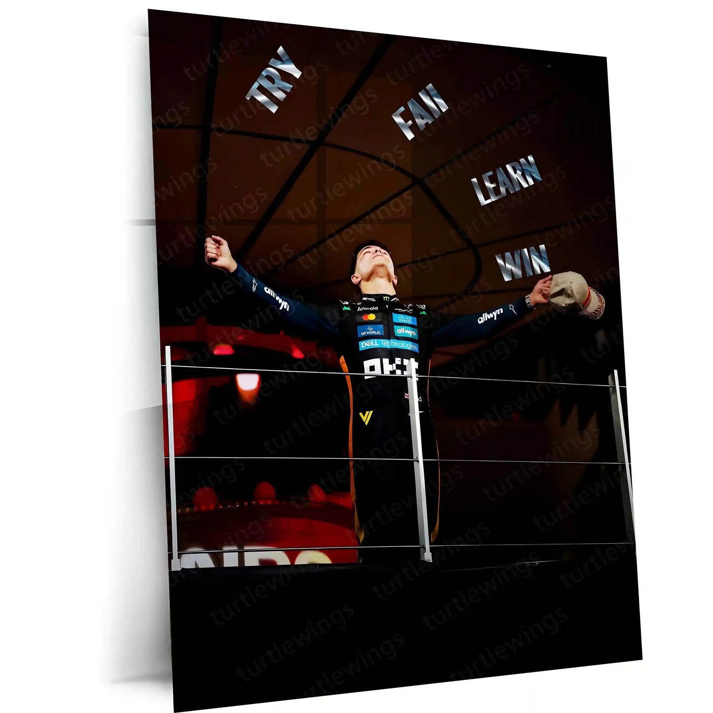 Quote Metal Poster | Lando Norris – Try. Fail. Learn. Win. Metal Frame Relentless Growth & Champion Mindset Wall Art | Performance Discipline Quote Metal Poster - TURTLEWINGS
