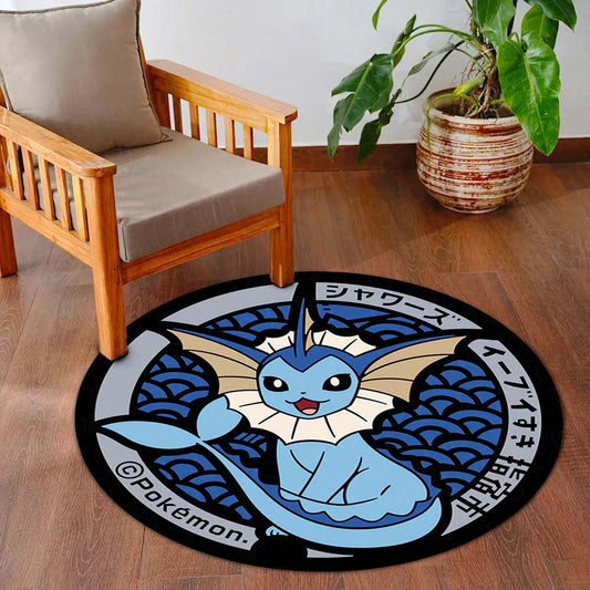 Vaporeon Pokémon Round Flat Rug | Water-Type Eeveelution Circle Floor Mat | Anti-Slip 3 mm Absorbent Flat Rug for Bedroom, Gaming Room & Pokémon Decor