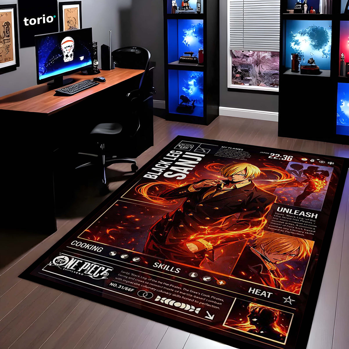 Black Leg Sanji Anime Area Flat Rug | Fire Power Character Floor Mat | One Piece Inspired Gaming Flat Rug for Bedroom, Otaku Room & Anime Setup Decor