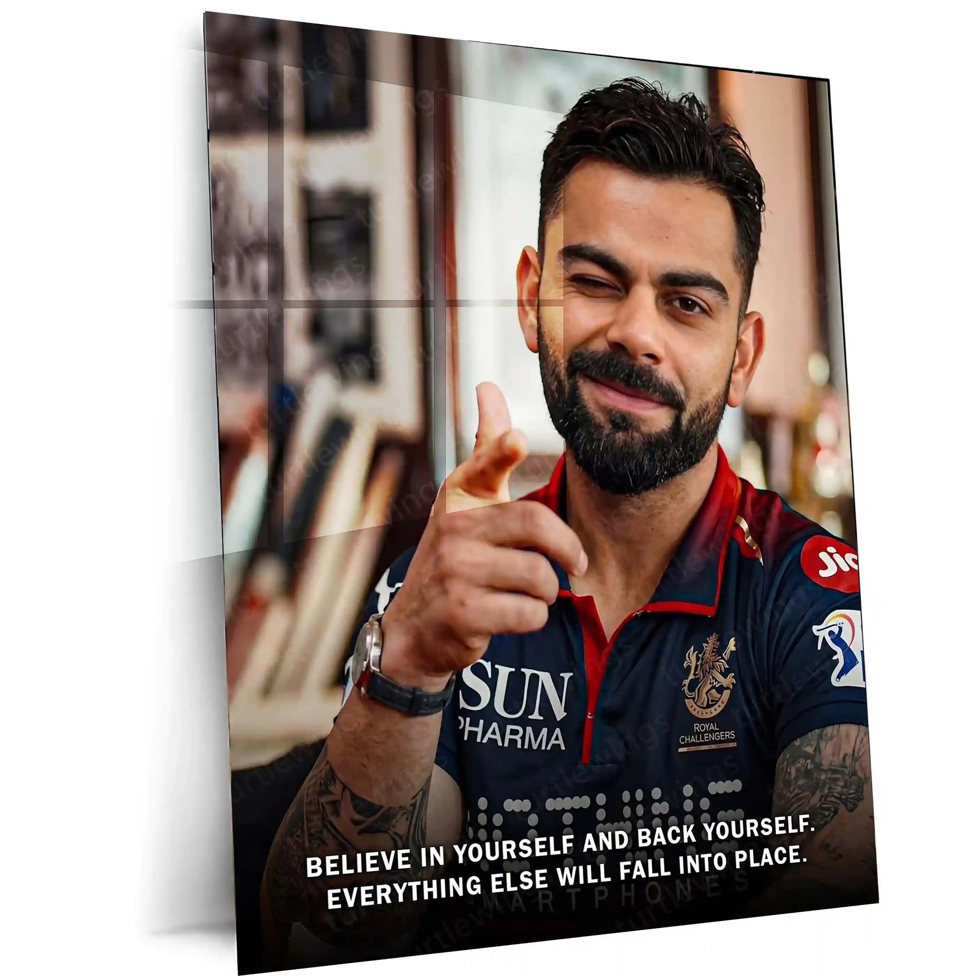 Cricket Metal Poster | Virat Kohli Metal Poster | Believe in Yourself Quote Wall Art | Cricket Legend RCB Frame - TURTLEWINGS