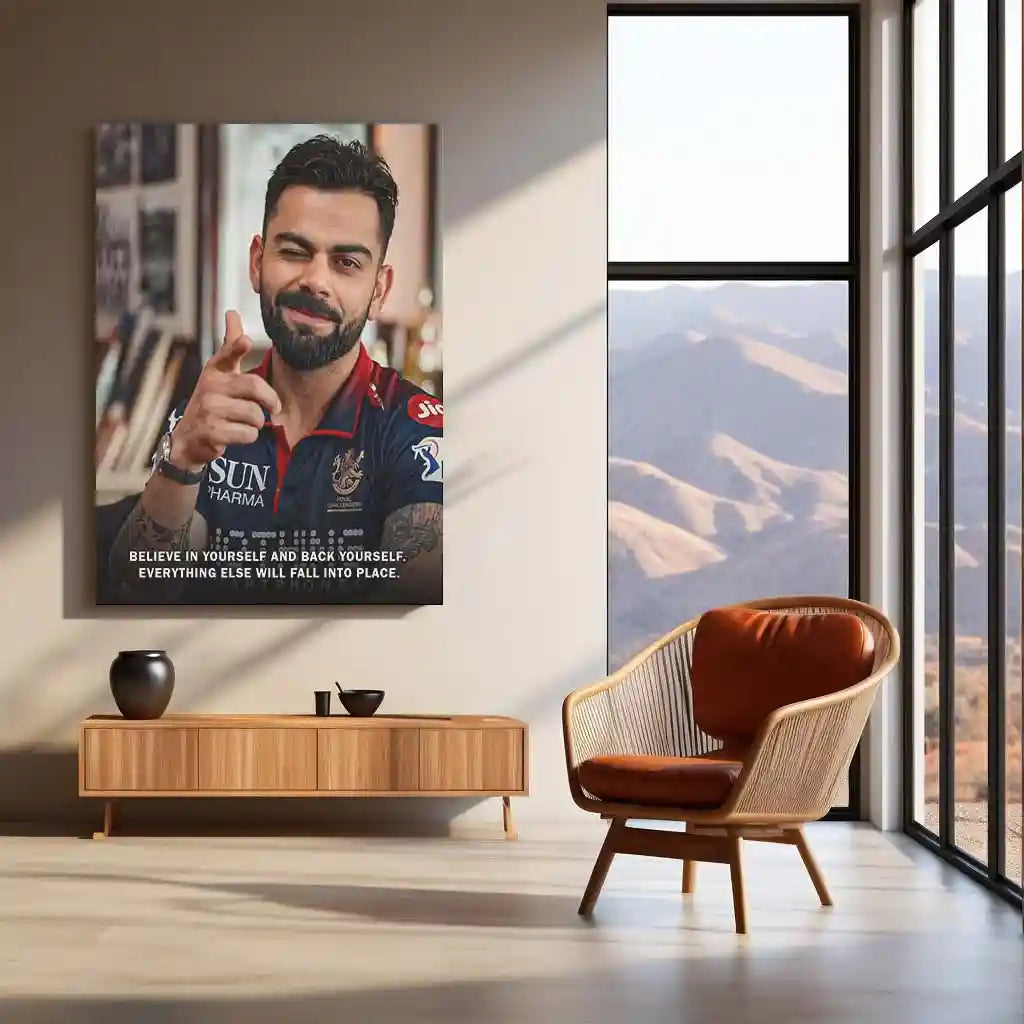 Cricket Metal Poster | Virat Kohli Metal Poster | Believe in Yourself Quote Wall Art | Cricket Legend RCB Frame - TURTLEWINGS