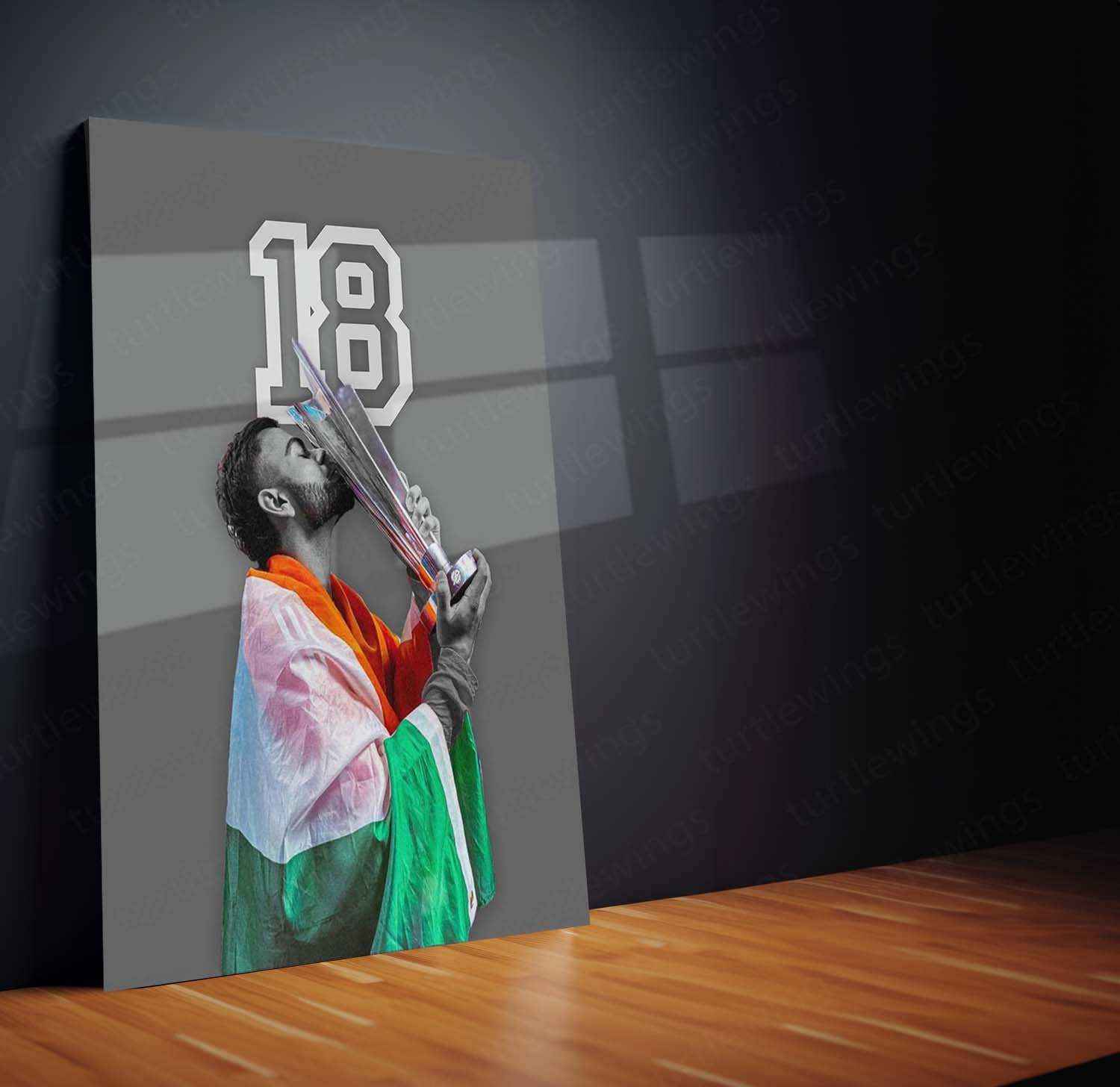 Virat Kohli with Trophy Metal Poster – Team India Champion Wall Art | Cricket Memorabilia - TURTLEWINGS