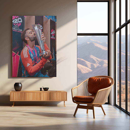 Virat Kohli with Trophy Metal Poster – Team India Champion Wall Art 2 - TURTLEWINGS