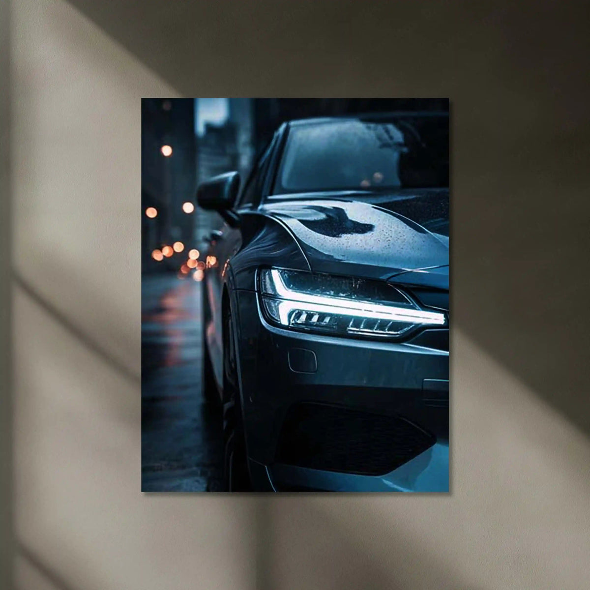 Volvo Sedan – Rain City Drive Neon LED Metal Poster | Scandinavian Elegance in Motion | Luxury Car Wall Art - TURTLEWINGS