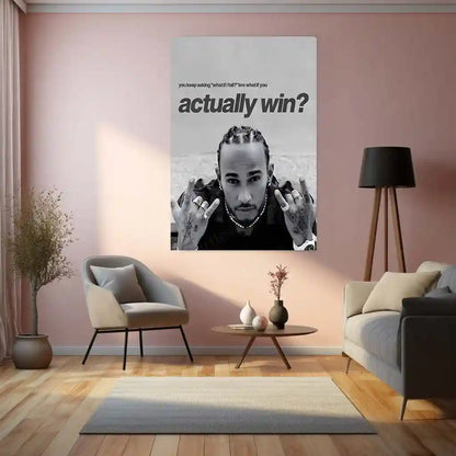 Quote Metal Poster | Lewis Hamilton – What If You Win? Metal Frame Fearless Mindset & Possibility Energy Wall Art | Championship Mentality Motivational Metal Poster - TURTLEWINGS