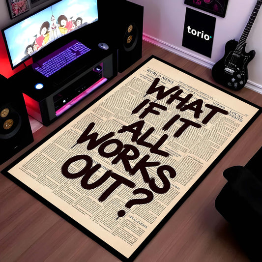 "What If It All Works Out?" Inspirational Area Flat Rug | Positive Affirmation Floor Mat | Minimalist Motivational Decor for Bedroom, Office & Wellness Space