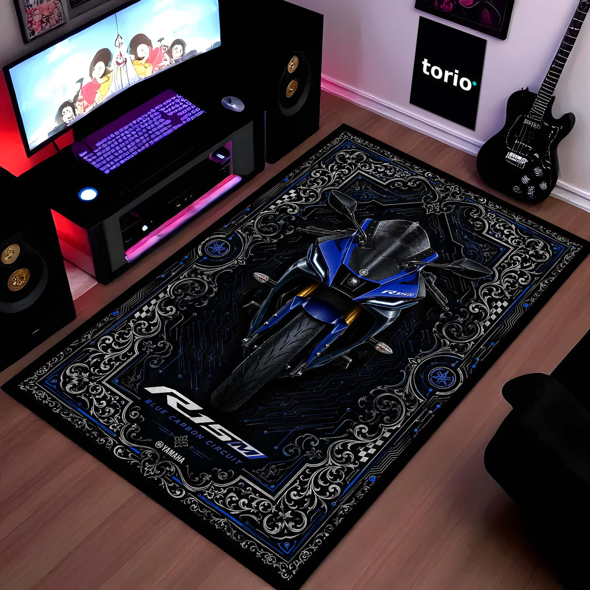Yamaha R15M Area Flat Rug | Blue Carbon Circuit Luxury Sportbike Flat Rug for Living Room, Gaming Room & Motorcycle Decor