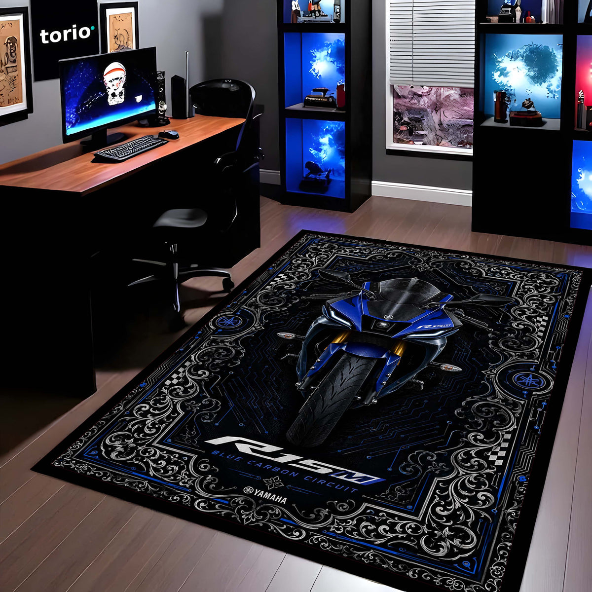 Yamaha R15M Area Flat Rug | Blue Carbon Circuit Luxury Sportbike Flat Rug for Living Room, Gaming Room & Motorcycle Decor