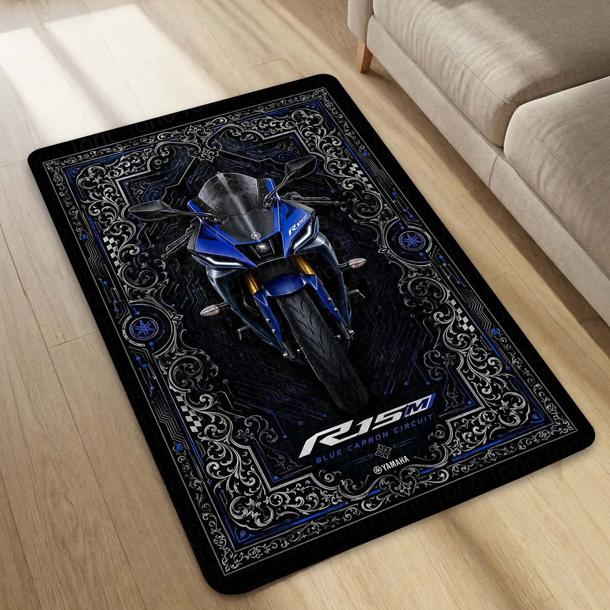 Yamaha R15M Area Flat Rug | Blue Carbon Circuit Luxury Sportbike Flat Rug for Living Room, Gaming Room & Motorcycle Decor