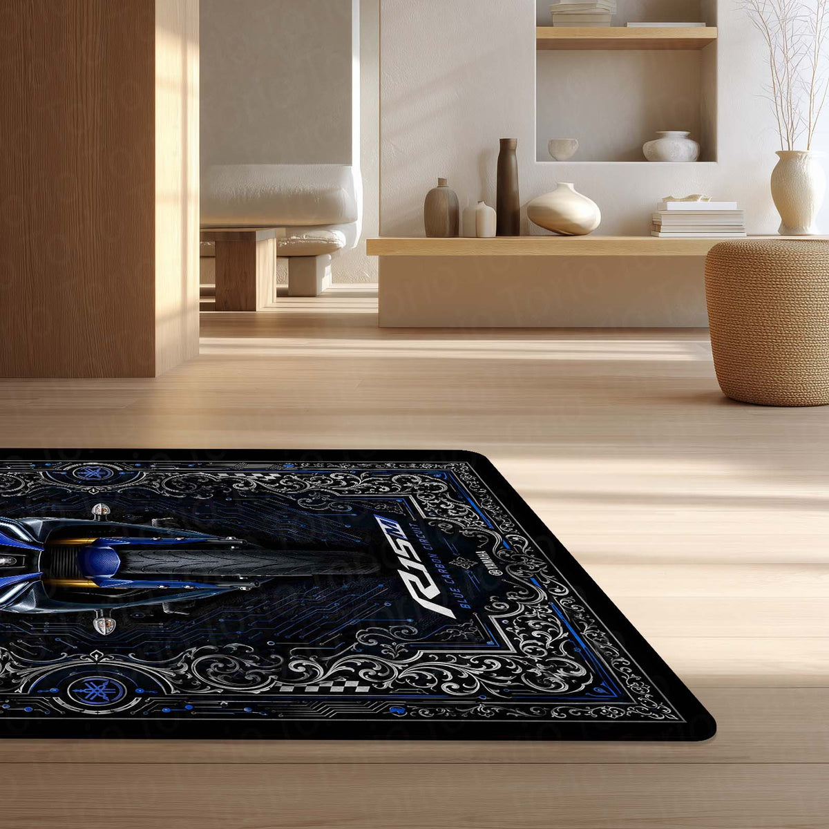 Yamaha R15M Area Flat Rug | Blue Carbon Circuit Luxury Sportbike Flat Rug for Living Room, Gaming Room & Motorcycle Decor