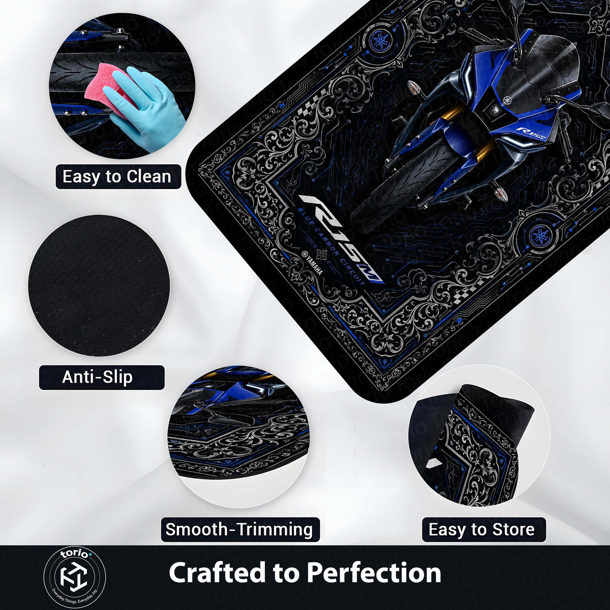 Yamaha R15M Area Flat Rug | Blue Carbon Circuit Luxury Sportbike Flat Rug for Living Room, Gaming Room & Motorcycle Decor