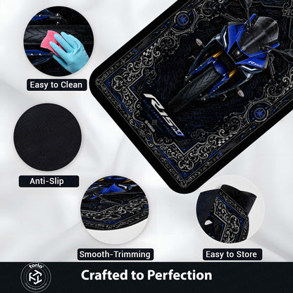 Yamaha R15M Area Flat Rug | Blue Carbon Circuit Luxury Sportbike Flat Rug for Living Room, Gaming Room & Motorcycle Decor