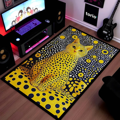 Yellow Polka Dot Cat Area Flat Rug | Abstract Pop Art Animal Floor Mat | Aesthetic Designer Flat Rug for Bedroom, Living Room, Gaming Setup & Modern Home Decor