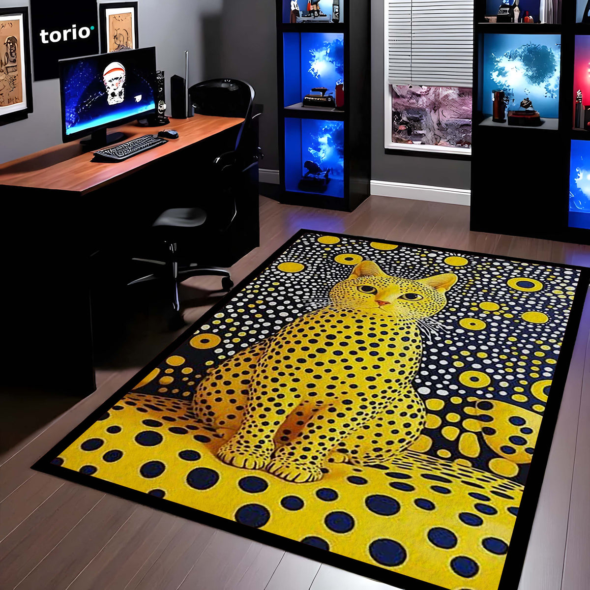 Yellow Polka Dot Cat Area Flat Rug | Abstract Pop Art Animal Floor Mat | Aesthetic Designer Flat Rug for Bedroom, Living Room, Gaming Setup & Modern Home Decor