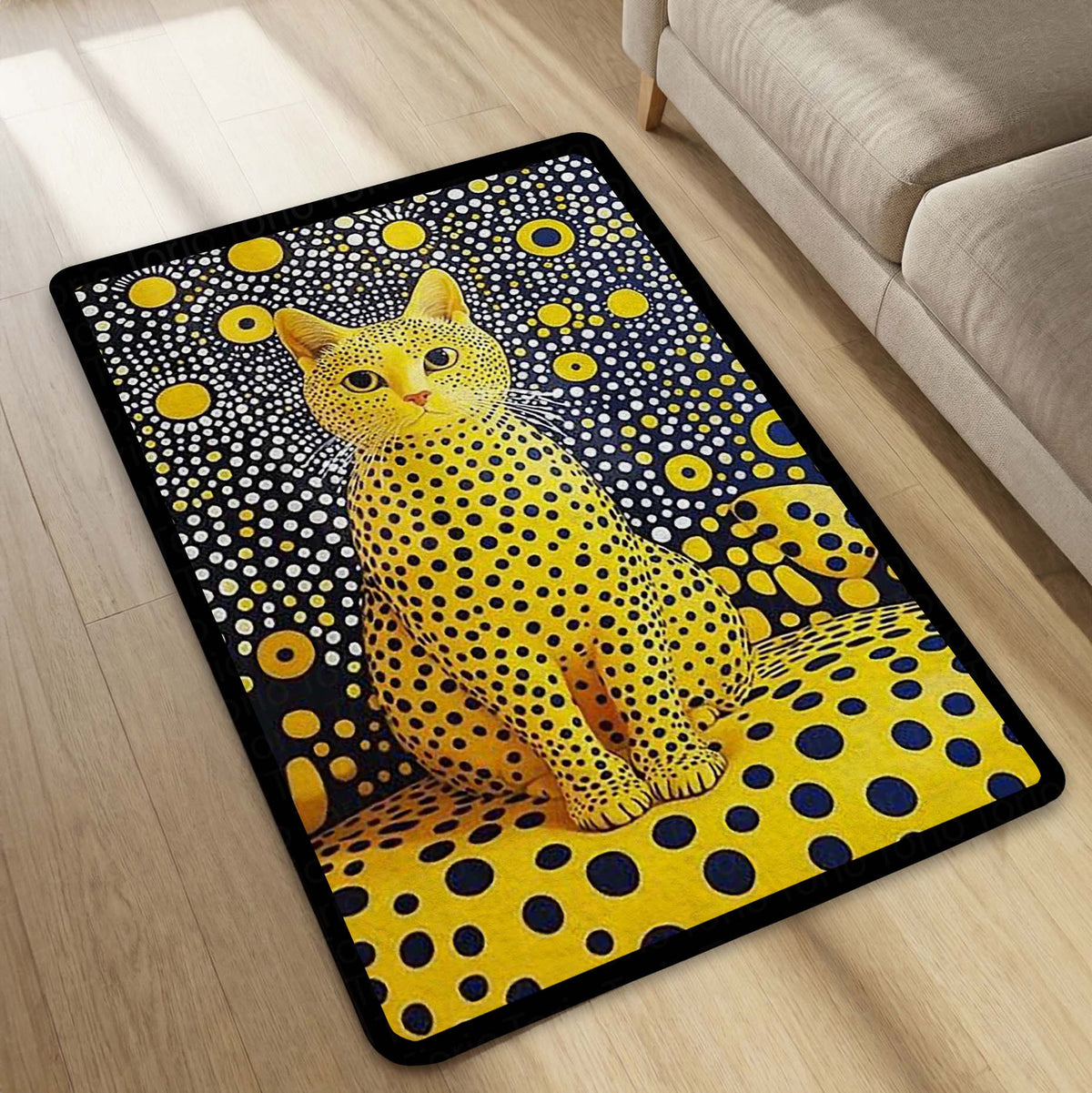Yellow Polka Dot Cat Area Flat Rug | Abstract Pop Art Animal Floor Mat | Aesthetic Designer Flat Rug for Bedroom, Living Room, Gaming Setup & Modern Home Decor