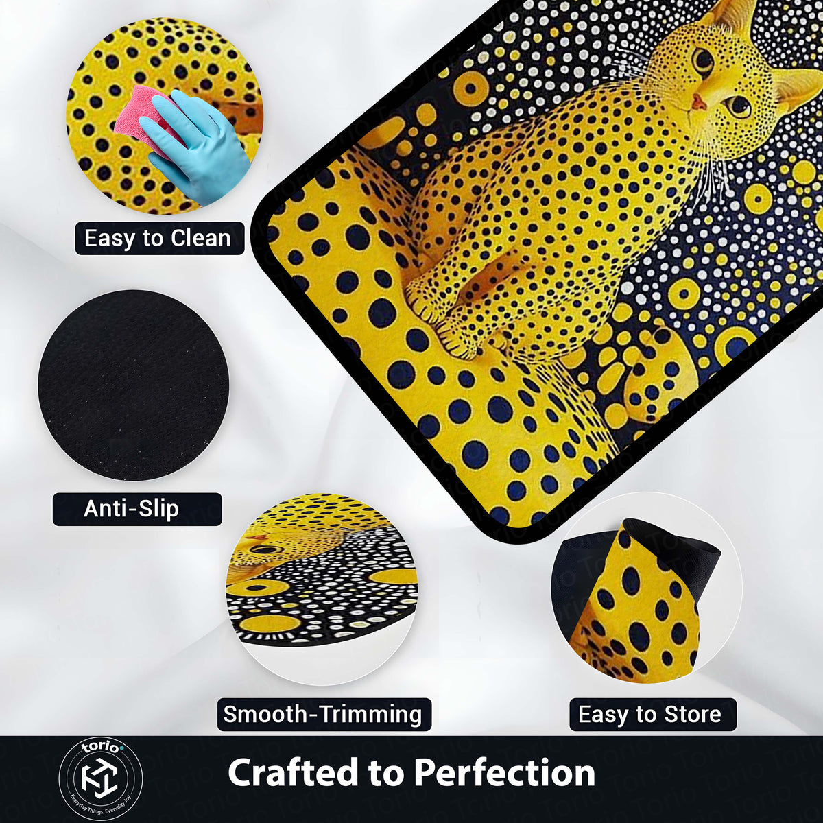 Yellow Polka Dot Cat Area Flat Rug | Abstract Pop Art Animal Floor Mat | Aesthetic Designer Flat Rug for Bedroom, Living Room, Gaming Setup & Modern Home Decor
