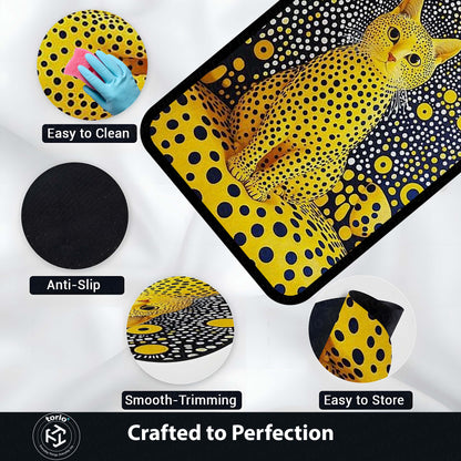 Yellow Polka Dot Cat Area Flat Rug | Abstract Pop Art Animal Floor Mat | Aesthetic Designer Flat Rug for Bedroom, Living Room, Gaming Setup & Modern Home Decor
