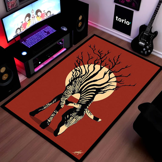 Zebra-Tree Abstract Art Area Flat Rug | Monochrome Nature-Inspired Floor Mat | Artistic Black & White Wildlife Flat Rug for Living Room, Study & Modern Decor